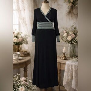 Vintage 1970s Wool Striped Knit Black, Blue, & Silver Maxi Dress